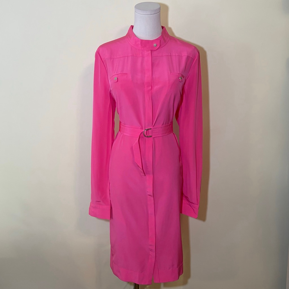 Diane Von Furstenberg Hot Pink Long Sleeve Midi Shirt Dress